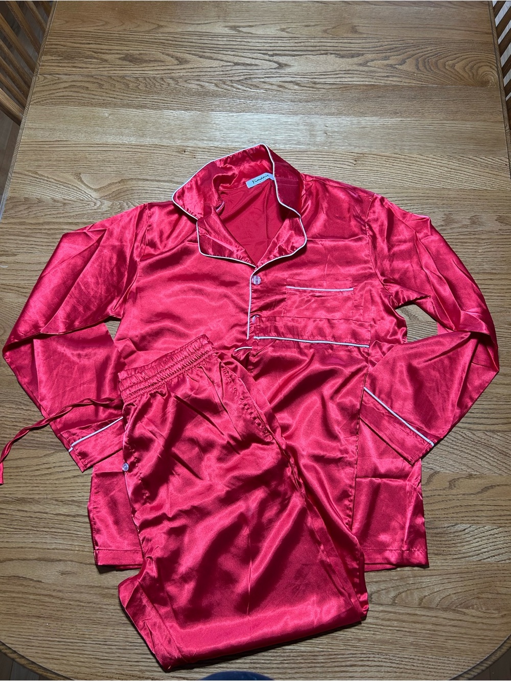 Men’s Yimanie Red Satin Pajama set with White trim Size Medium